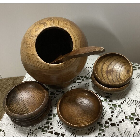 Vintage Mid Century Modern Atomic Wood Orb Sphere Serving Bowl 6 Bowls & Spoon - Picture 5 of 11